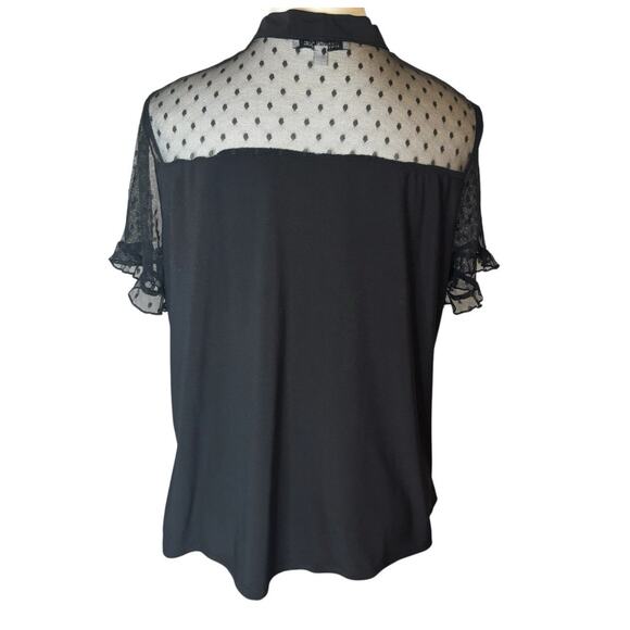 Black Mesh Sheer Polka Dot Blouse Womens Medium Tie Neck Ruffle Sleeve Top - Picture 5 of 6